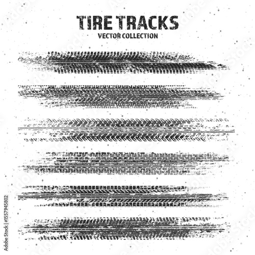 Grunge tire tracks with mud splatters, dirty wheel braking marks. Truck, car, or motorcycle tread pattern silhouettes. Perfect for off-road, motorsport, and racing designs. Vector illustration