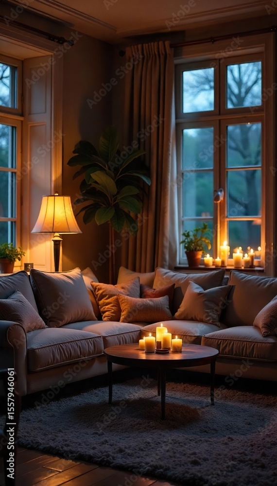 Fototapeta premium Candlelit Living Room Warm & Inviting Atmosphere for Relaxation and Tranquility. Elegant Furniture and Decor Create a Cozy Home Setting Perfect for Peaceful Evenings.