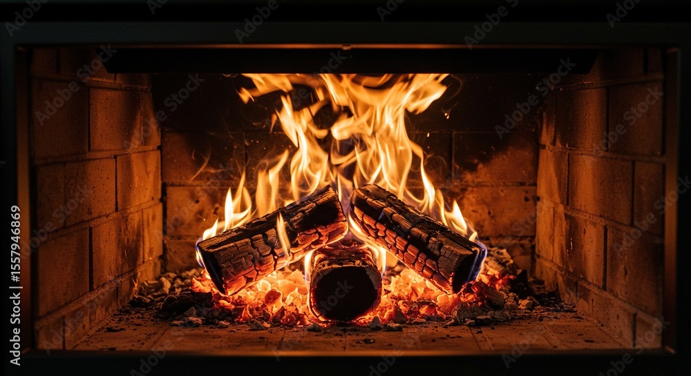 Obraz premium Warm flames dancing in a brick fireplace.