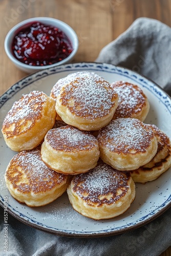 Wallpaper Mural Plate of small golden pancakes dusted with powdered sugar served with a side of red berry jam on a wooden table with a linen cloth Torontodigital.ca