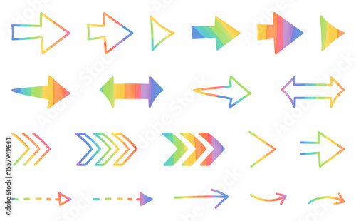 手書きのレインボー矢印アイコンイラストセット