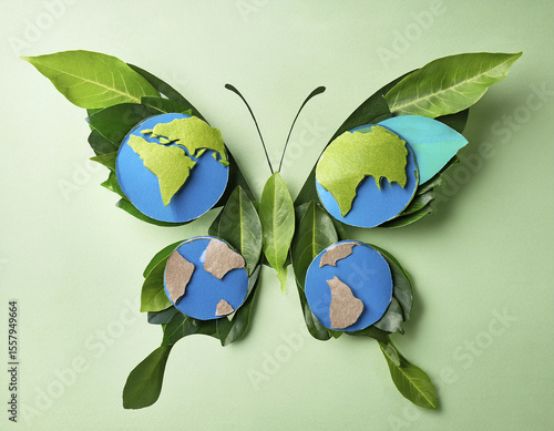 butterfly wings shaped like continents flying over leaves