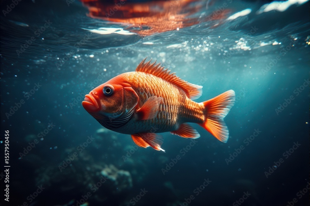 A captivating close-up of a vibrant orange fish gracefully swimming in the clear blue ocean, its scales shimmering in the sunlight, creating a mesmerizing underwater spectacle . A captivating close-up of a vibrant orange fish gracefully swimming in the clear blue ocean, its scales shimmering in the sunlight, creating a mesmerizing underwater spectacle .