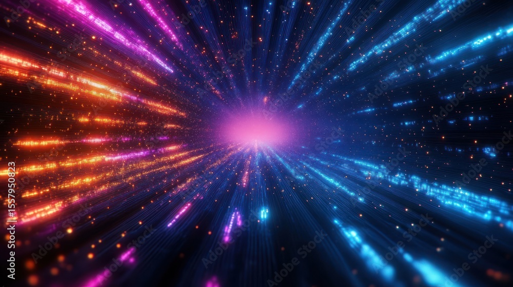 Fototapeta premium Abstract digital light beams in purple, orange, and blue converging towards a glowing center creating a dynamic and futuristic visual effect