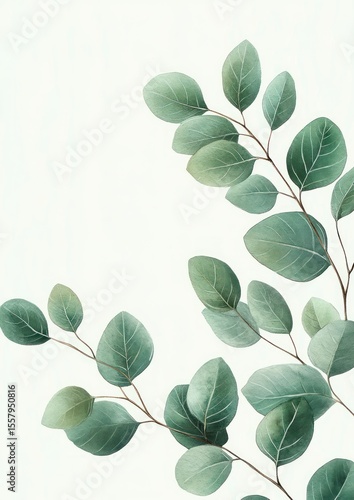 Illustration of eucalyptus branches with detailed oval green leaves on a light background evoking calm and nature
