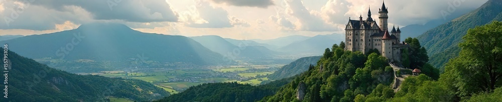 Fototapeta premium Majestic Medieval Castle on Verdant Hilltop, Overlooking Sprawling Valley and Dramatic Mountains Perfect for Fantasy, Fairytale, or Historical Projects