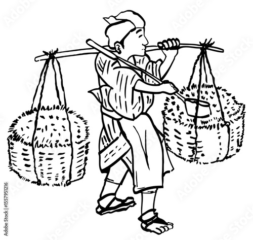 Ukiyo-e Style Merchant Buying Ash for Recycling and Reselling.　灰買い