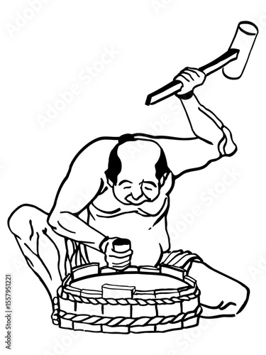 Ukiyo-e Style Edo-Period Barrel Repair Artisan for Recycling