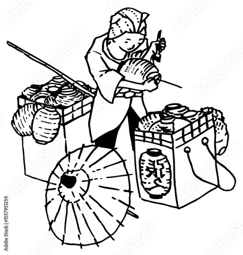 Ukiyo-e Style Merchant Repairing Edo-Period Lanterns for Recycling