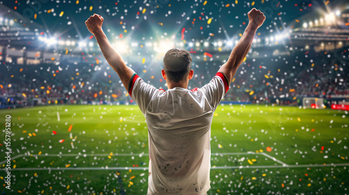 Soccer player raised his hand in joy after winning the match