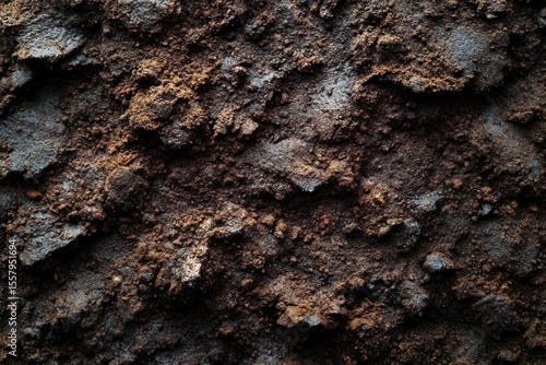 Wallpaper Mural Close-up of rough, dark brown and black textured soil or earth surface with uneven clumps and granular details Torontodigital.ca