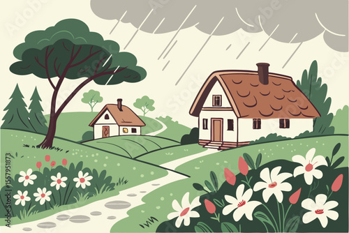 Rural landscape illustration featuring houses trees and flowers under a cloudy rainy sky evoking a sense of peace and tranquility in a charming countryside setting