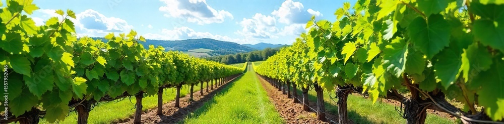 Naklejka premium Sun-Drenched Hillside Vineyard Rows of Lush Grapevines Ready for Harvest
