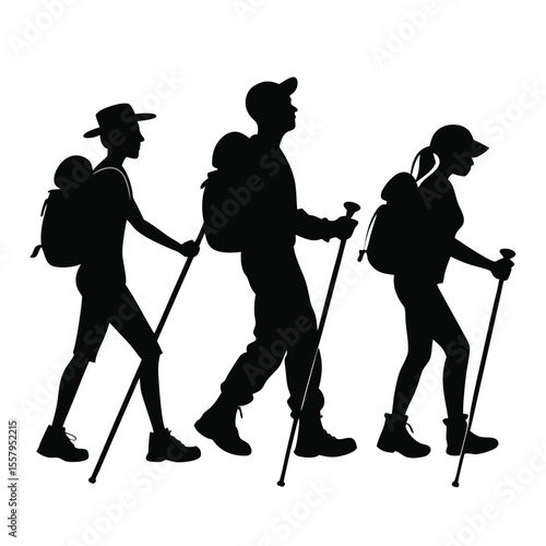 Silhouette group hiking together with backpacks and trekking poles on white background