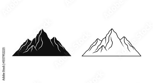 Two mountain peak illustrations one in solid black and one in outline on a white background