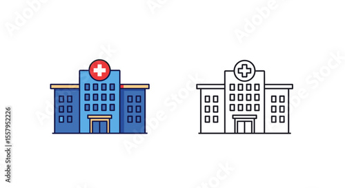 Illustration depicting two hospital buildings, one colored and one in black outline style