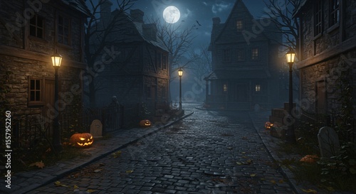 A spooky halloween night scene with pumpkins and a full moon over a cobblestone street