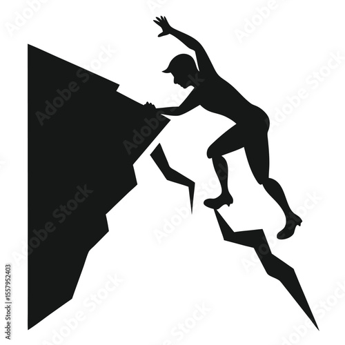 Silhouette illustration of a climber ascending a steep rock formation successfully