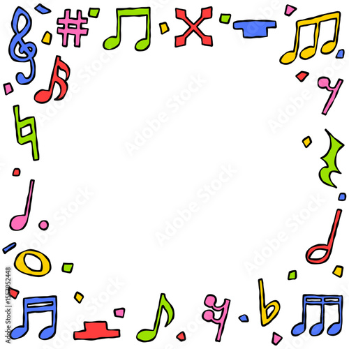 手書きのデコレーションフレーム、背景、紙吹雪、音符、正方形サイズ
