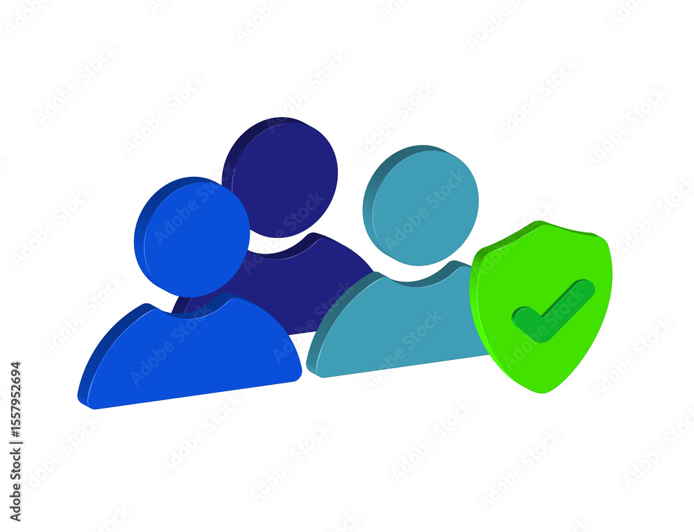 Simple 3D illustration of a group of people icon with a shield and a check mark. PNG format, transparent background. Simple 3D illustration of a group of people icon with a shield and a check mark. PNG format, transparent background.