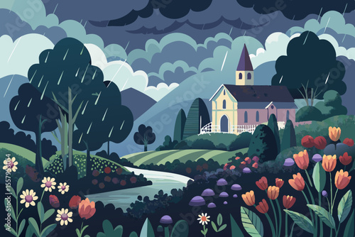 Stylized Landscape Illustration of a Church in the Rain with Flowers and a Stream Featuring a Moody Color Palette and a Whimsical Dreamlike Quality for
