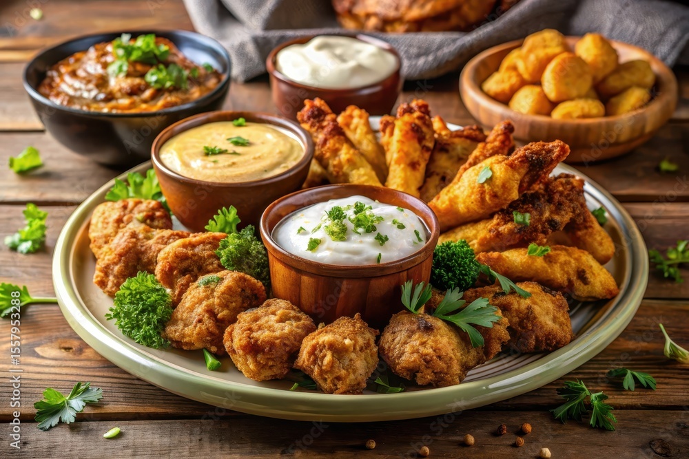 Fototapeta premium A delectable platter of fried appetizers served with an array of creamy dipping sauces, perfect for sharing among friends