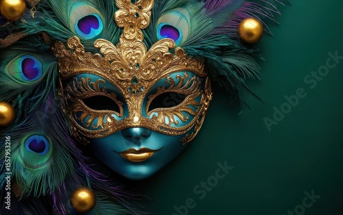 Wallpaper Mural ornate carnival mask with gold intricate design and peacock feathers on a blue face with gold lips against a dark green background Torontodigital.ca