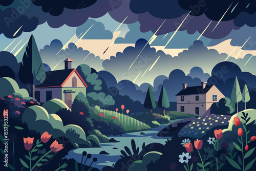 Stylized Landscape Illustration of Two Houses During a Rainstorm with Lightning Featuring Lush Gardens a Flowing River and a Moody Atmospheric Color Palette in a