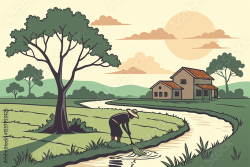 Peaceful Rural Landscape with Farmer River and House A serene vector illustration of a farmer working by a winding river with a charming house and