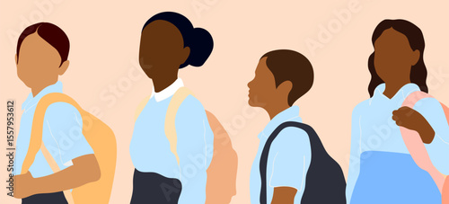 Vector artwork of faceless children students. Multiracial back to school minimal style illustration