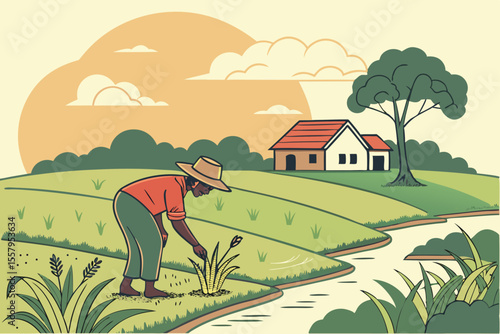 Illustration of a farmer tending to crops in a rural landscape with a house trees and a stream showcasing agricultural life and simple living in
