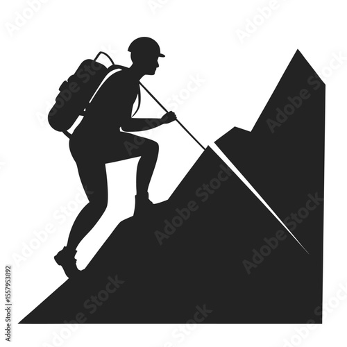 Silhouette of a hiker climbing a mountain achieving a challenging summit successfully