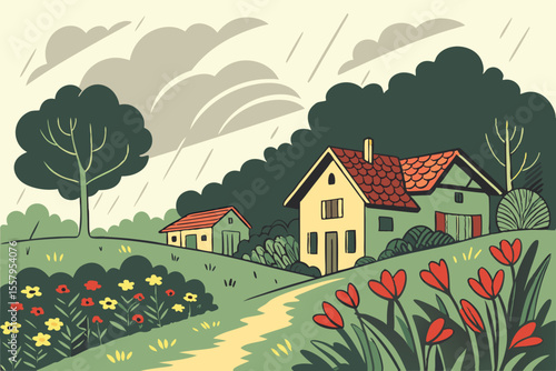 Stylized illustration of a rural landscape with houses flowers and a path under a cloudy rainy sky evoking a sense of peace and simple living
