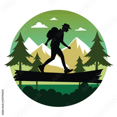 Silhouette of a hiker trekking across a log in a scenic mountain landscape