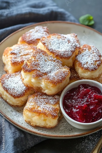 Wallpaper Mural Plate of golden brown fried cheese squares sprinkled with powdered sugar served with a small bowl of red jam on a cloth napkin Torontodigital.ca
