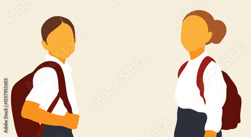 Flat design illustration of faceless boy and girl students in uniform. Minimalist school concept