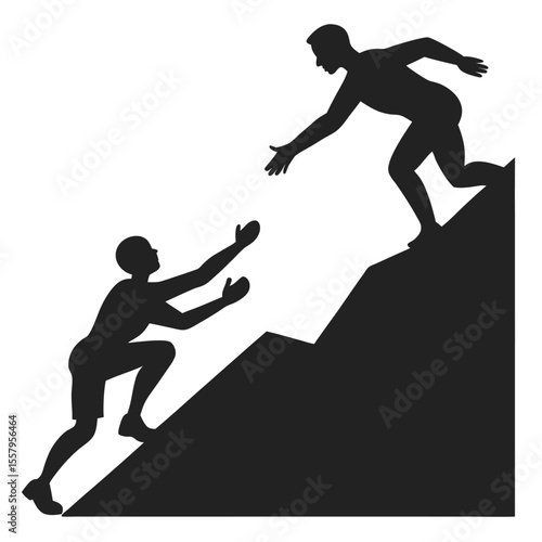 Silhouetted figures climbing a mountain illustrating teamwork and offering support