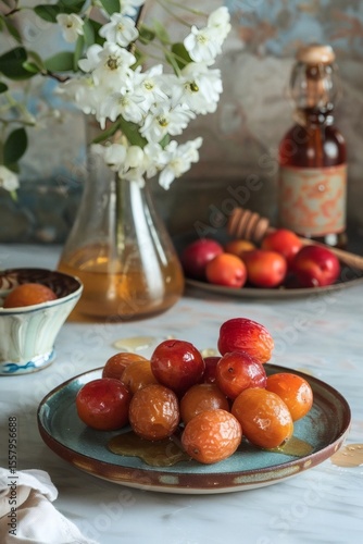 Red dates and fruits on a plate