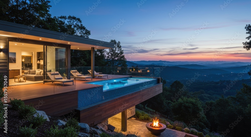 Fototapeta premium Modern mountain home with infinity pool at sunset