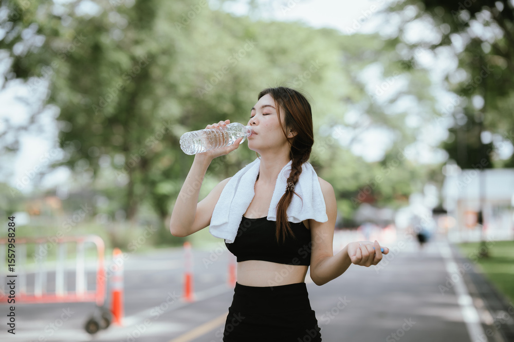 Young Asian woman drinking water after exercise, standing outdoors in workout clothes with towel, to promote health, recovery and live a healthy and inspiring life under natural light. Young Asian woman drinking water after exercise, standing outdoors in workout clothes with towel, to promote health, recovery and live a healthy and inspiring life under natural light.