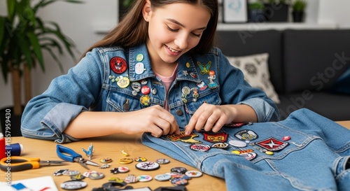 Teenage Girl Customizing Denim Jacket with Patches and Pins; DIY Fashion and Craft Hobby