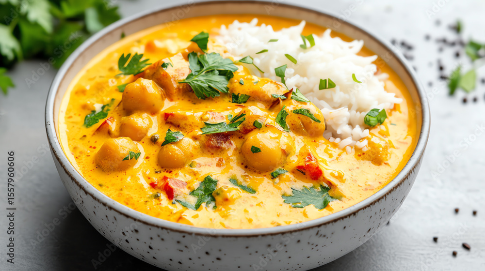 A delicious bowl of creamy curry with chickpeas and fluffy rice, garnished with fresh herbs, perfect for a comforting meal. A delicious bowl of creamy curry with chickpeas and fluffy rice, garnished with fresh herbs, perfect for a comforting meal.