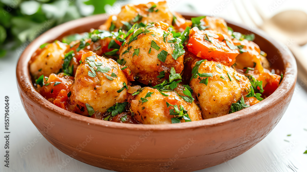 A delicious bowl of dumplings garnished with fresh herbs and served with vibrant vegetables, perfect for a hearty meal. A delicious bowl of dumplings garnished with fresh herbs and served with vibrant vegetables, perfect for a hearty meal.