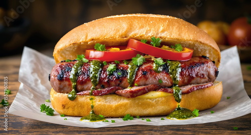 Choripan, a classic Argentine sandwich with Calabrian sausage, bread and the characteristic chimichurri sauce with garlic, olive oil and parsley