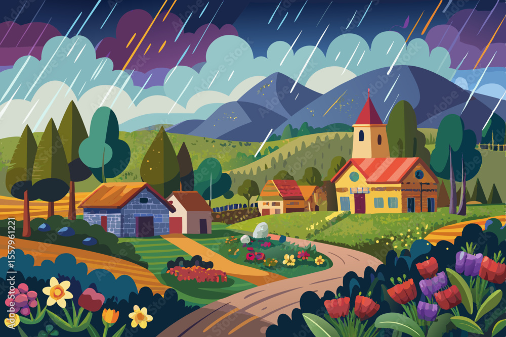 Rainy Day in a Colorful Mountain Village Rainy Day in a Colorful Mountain Village