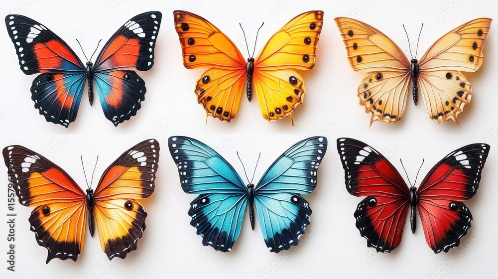 Collection of six vibrant butterflies with distinct patterns and colors arranged on a white background, showcasing natural beauty and detailed wing textures Collection of six vibrant butterflies with distinct patterns and colors arranged on a white background, showcasing natural beauty and detailed wing textures