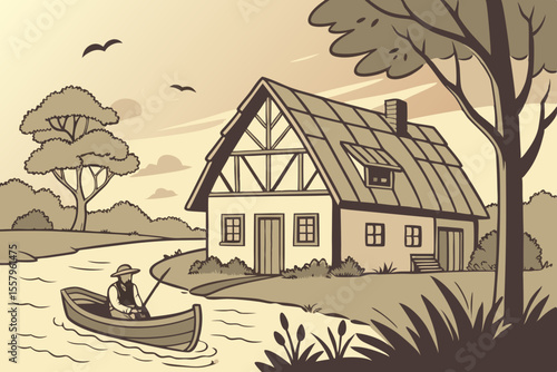 Fisherman near a Half Timbered House