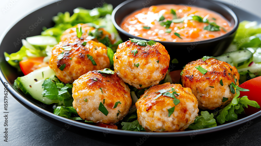 A vibrant plate of savory chicken meatballs served with fresh vegetables and creamy dipping sauce, perfect for any meal. A vibrant plate of savory chicken meatballs served with fresh vegetables and creamy dipping sauce, perfect for any meal.