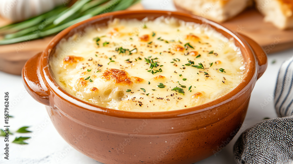 Delicious, baked creamy potato dish served in a rustic bowl, garnished with herbs and ready to be enjoyed. Delicious, baked creamy potato dish served in a rustic bowl, garnished with herbs and ready to be enjoyed.