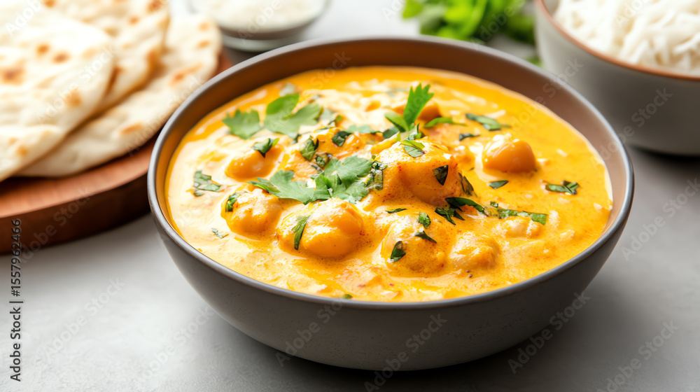 Delicious bowl of curry served with rice and naan, garnished with fresh herbs for a vibrant and appetizing presentation. Delicious bowl of curry served with rice and naan, garnished with fresh herbs for a vibrant and appetizing presentation.